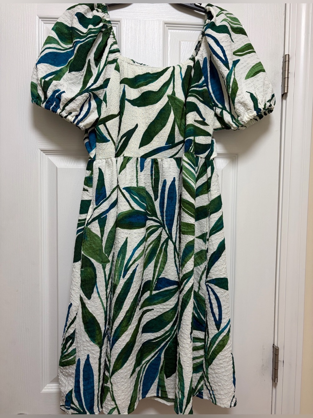 White Puff Sleeve Dress with Green & Blue Leaf Print